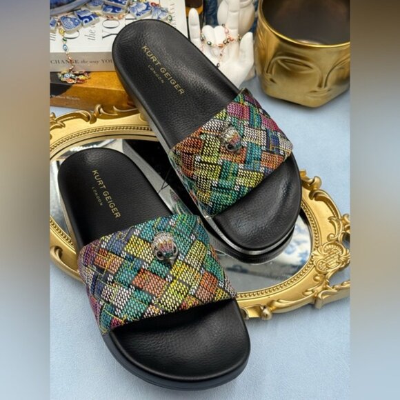 🆕 KURT GEIGER LONDON 🧿 NWOB Meena Eagle Slide, Black Rainbow Weave, Sz 40 US 9 - Picture 6 of 14